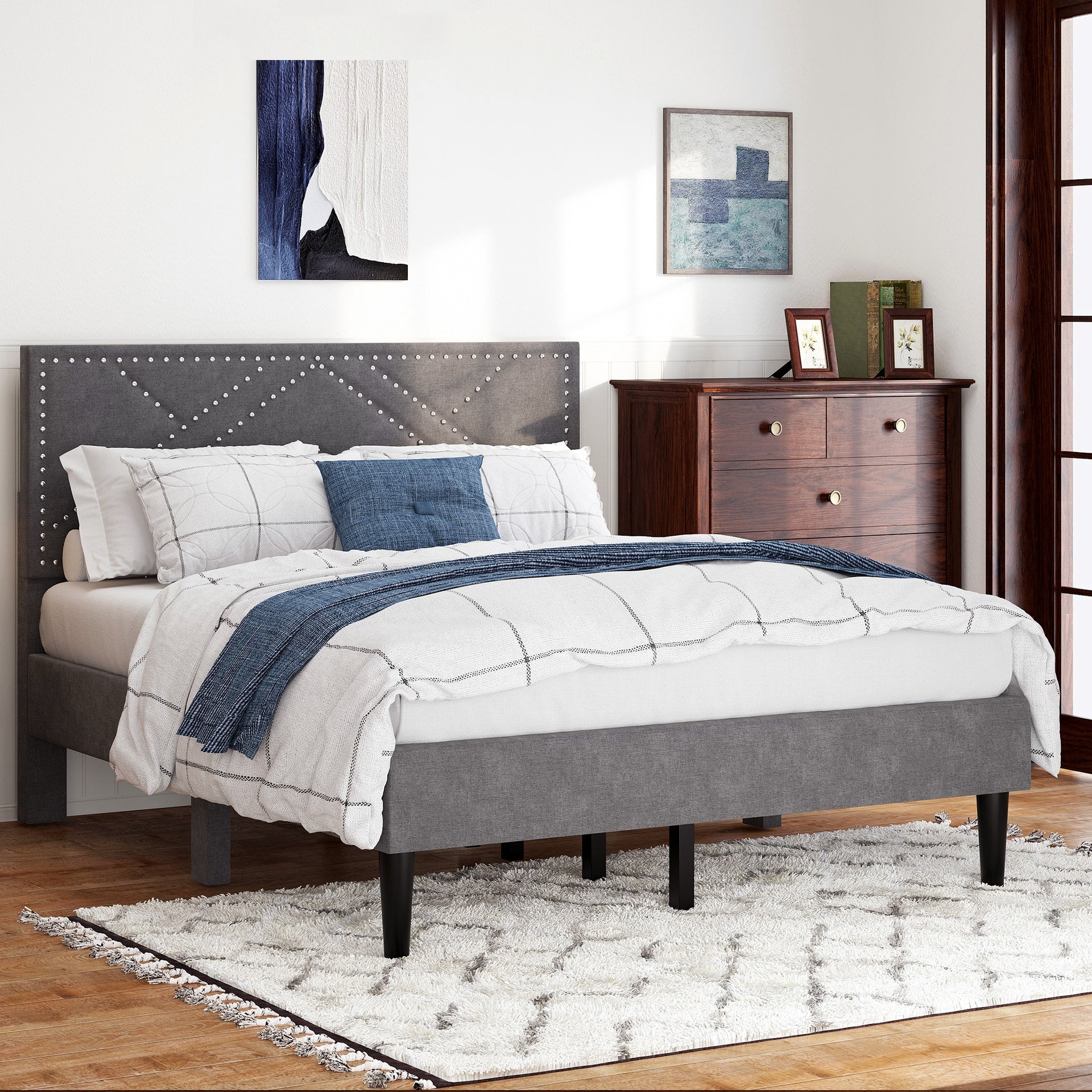 Queen Bed Frame, linen storage headboard, strong and stable, no noise,Under Bed Storage, no box spring,Weight 485lbs (Carbon Gray)