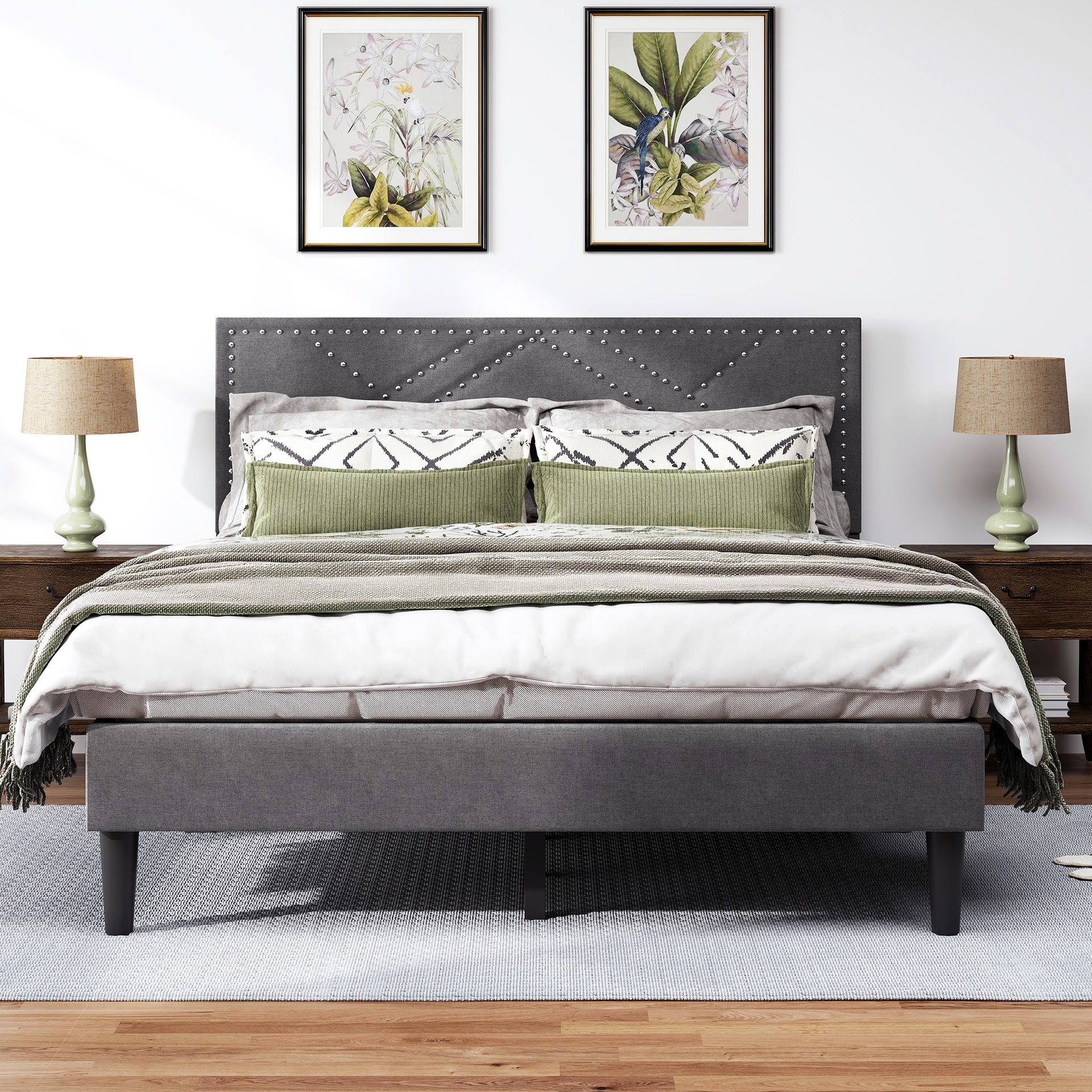 Queen Bed Frame, linen storage headboard, strong and stable, no noise,Under Bed Storage, no box spring,Weight 485lbs (Carbon Gray)