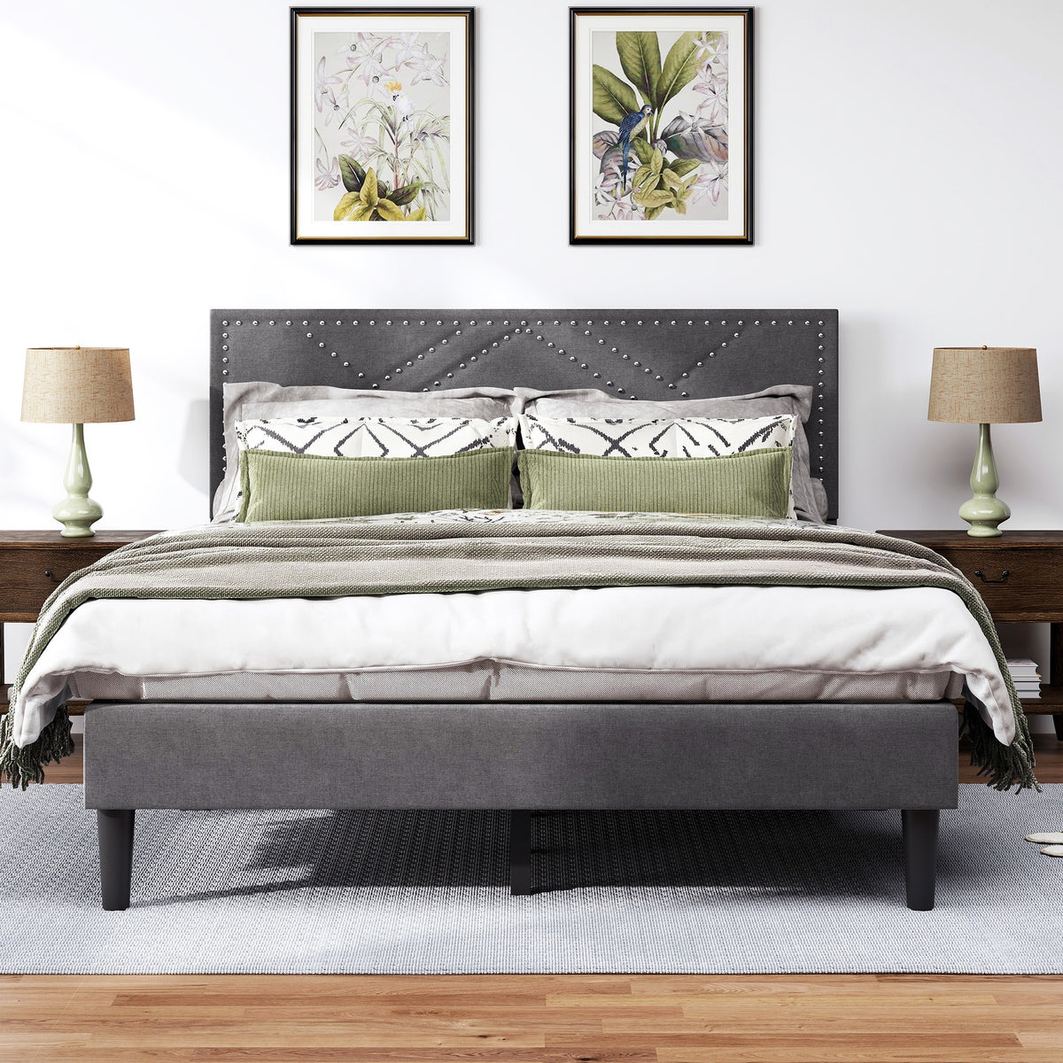 Queen Bed Frame, linen storage headboard, strong and stable, no noise,Under Bed Storage, no box spring,Weight 485lbs (Carbon Gray)