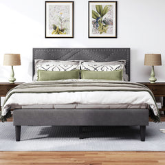 Queen Bed Frame, linen storage headboard, strong and stable, no noise,Under Bed Storage, no box spring,Weight 485lbs (Carbon Gray)
