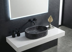 Luxury Dark Grey Natural Marble Vessel Sink, 23.6" Oval Matte Stone Basin, Solid One-Piece Carved, Above-Counter Vanity, Bowl for Master Bathroom (60cmx40cm)