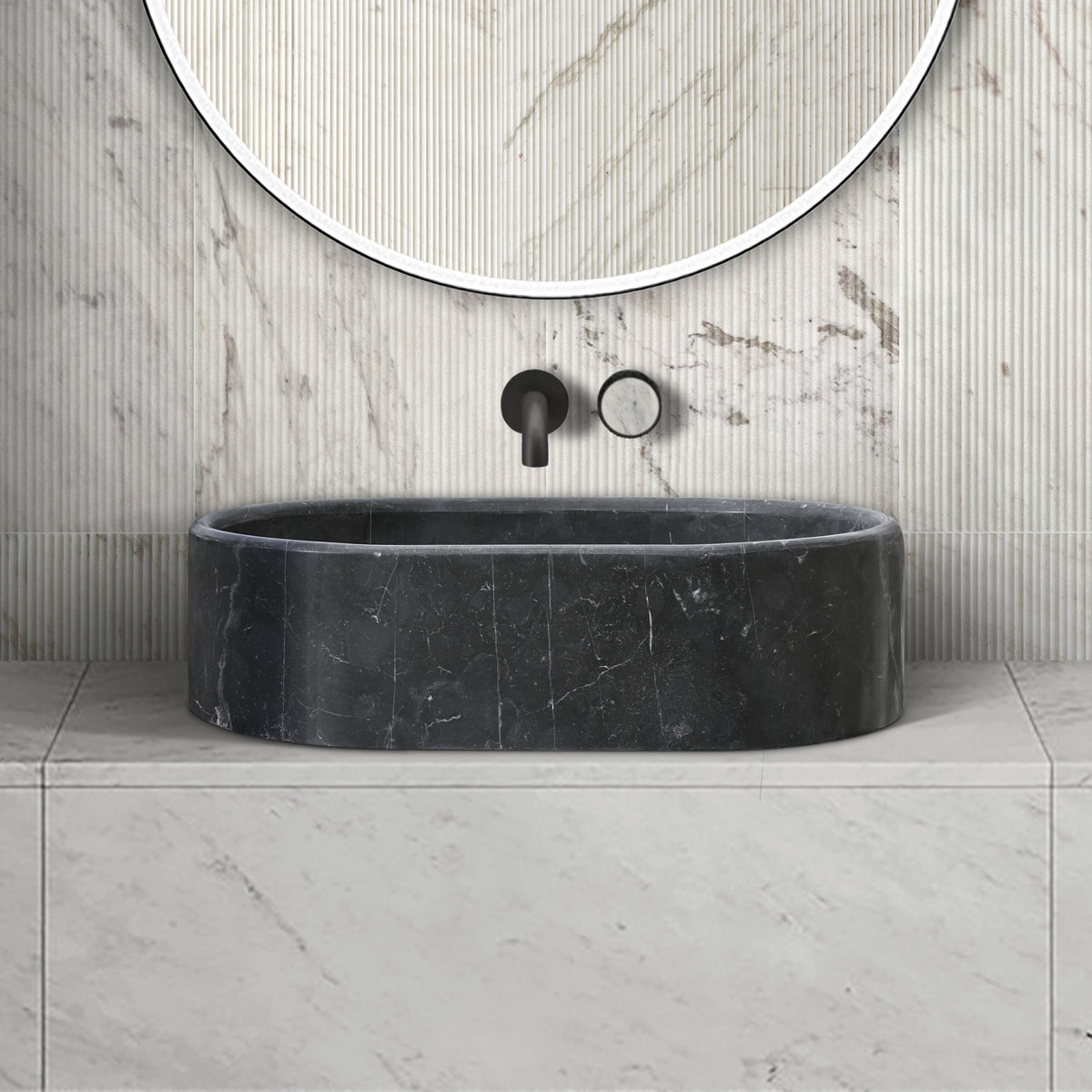 Luxury Dark Grey Natural Marble Vessel Sink, 23.6" Oval Matte Stone Basin, Solid One-Piece Carved, Above-Counter Vanity, Bowl for Master Bathroom (60cmx40cm)