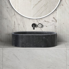 Luxury Dark Grey Natural Marble Vessel Sink, 23.6" Oval Matte Stone Basin, Solid One-Piece Carved, Above-Counter Vanity, Bowl for Master Bathroom (60cmx40cm)