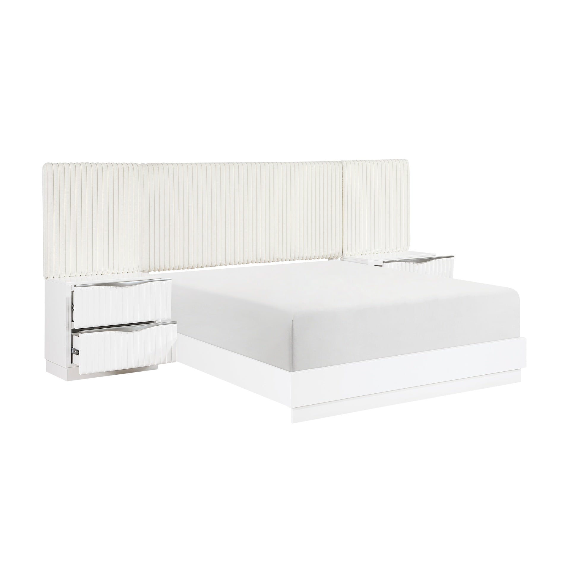 Luxurious Pearl White Finish 5pc King Wall Bed Set Soft Upholstery Headboard Panel Glam Bedroom Furniture