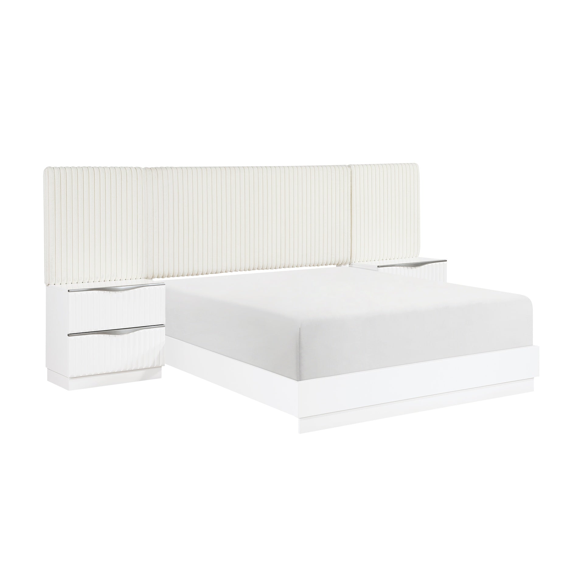 Luxurious Pearl White Finish 5pc King Wall Bed Set Soft Upholstery Headboard Panel Glam Bedroom Furniture