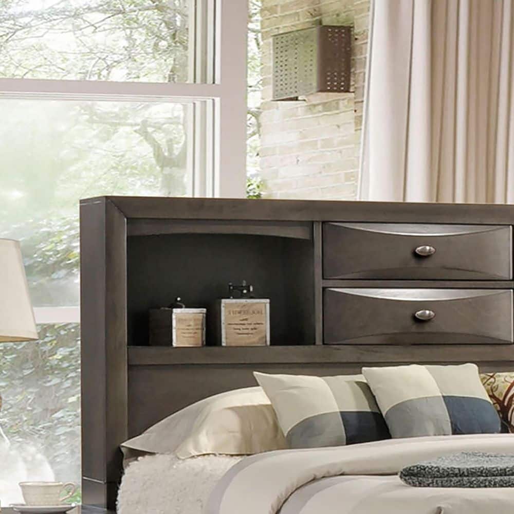 Contemporary Queen Size Bed W Footboard Drawers Headboard Bookcase Gray Color 1pc Bed Bedroom Furniture