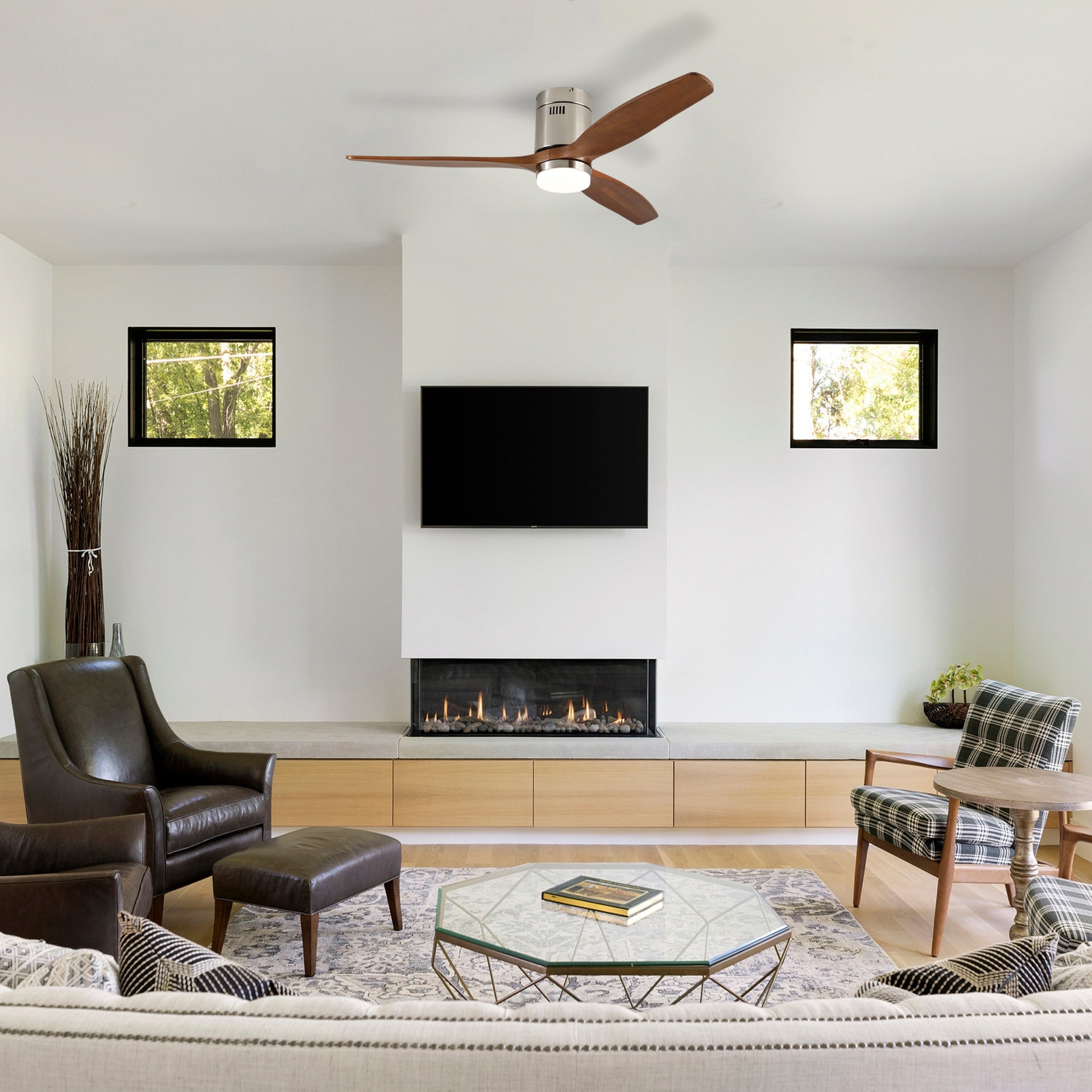52 Inch Ceiling Fan with Light, 3 Light Walnut Solid Wood Blades,Remote Control,6-speed Reversible DC Motor for Living Room,Bed Room,Dining Room