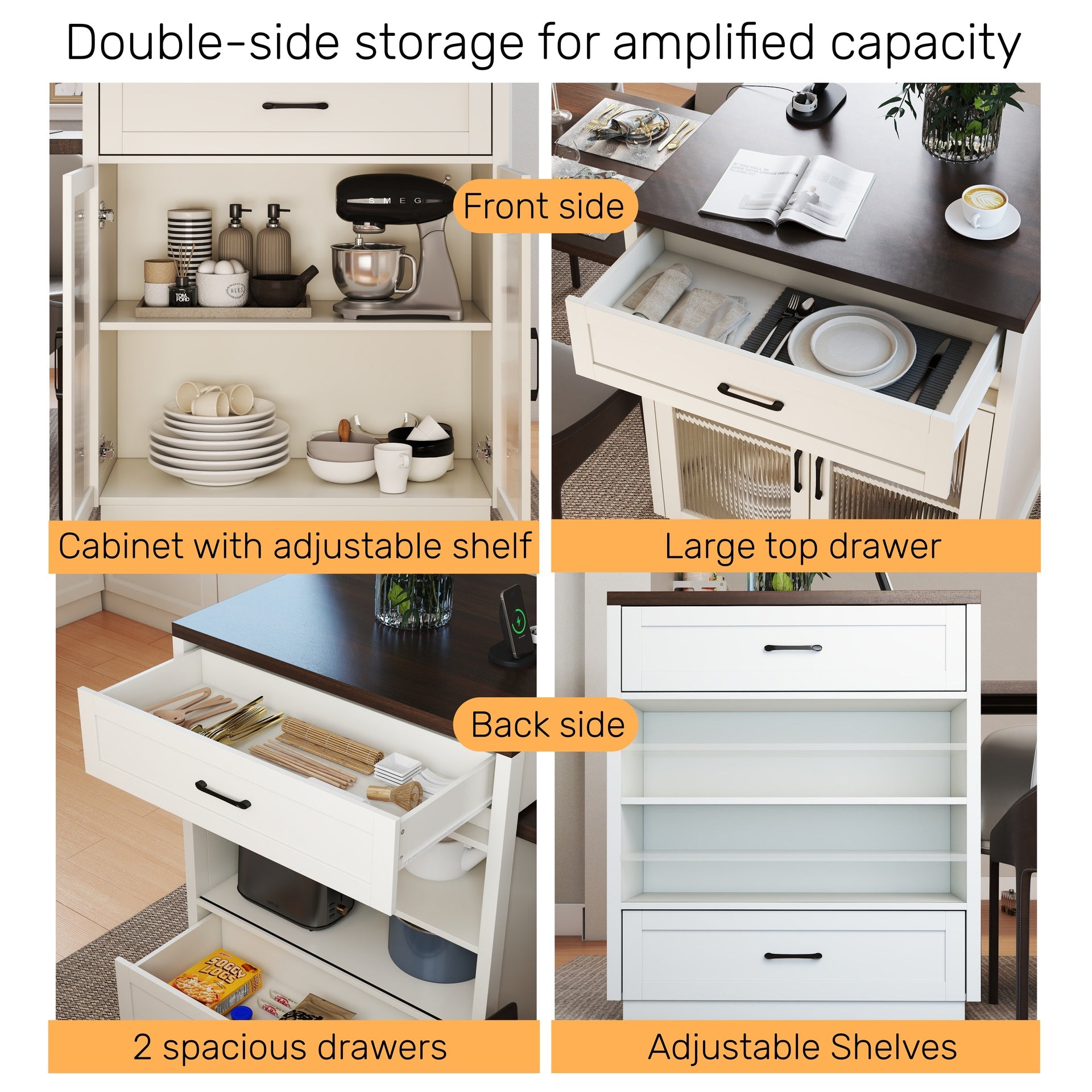 83.1'' Extendable Kitchen Island with Slide Out Table and Storage Racks for 2-6 Person,Kitchen Island with Tempered Glass Doors,Walnut Woodgrain Dining Table,Power Outlet,Bar,Prep Station(Cream White)