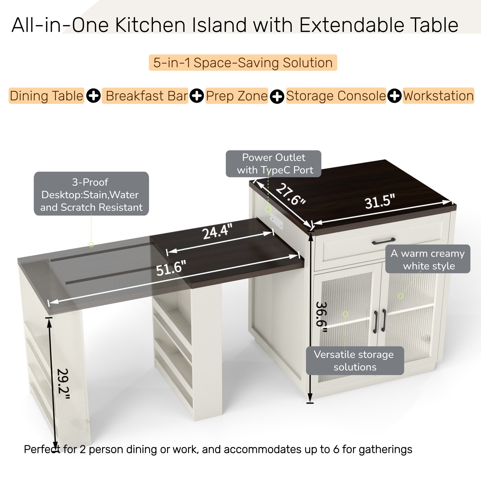 83.1'' Extendable Kitchen Island with Slide Out Table and Storage Racks for 2-6 Person,Kitchen Island with Tempered Glass Doors,Walnut Woodgrain Dining Table,Power Outlet,Bar,Prep Station(Cream White)