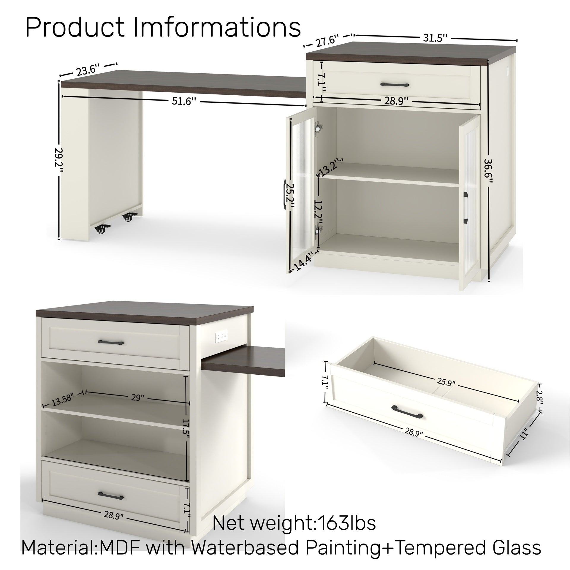 83.1'' Extendable Kitchen Island with Slide Out Table and Storage Racks for 2-6 Person,Kitchen Island with Tempered Glass Doors,Walnut Woodgrain Dining Table,Power Outlet,Bar,Prep Station(Cream White)