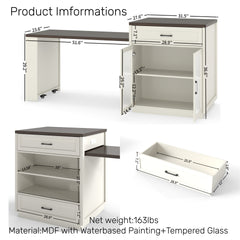 83.1'' Extendable Kitchen Island with Slide Out Table and Storage Racks for 2-6 Person,Kitchen Island with Tempered Glass Doors,Walnut Woodgrain Dining Table,Power Outlet,Bar,Prep Station(Cream White)