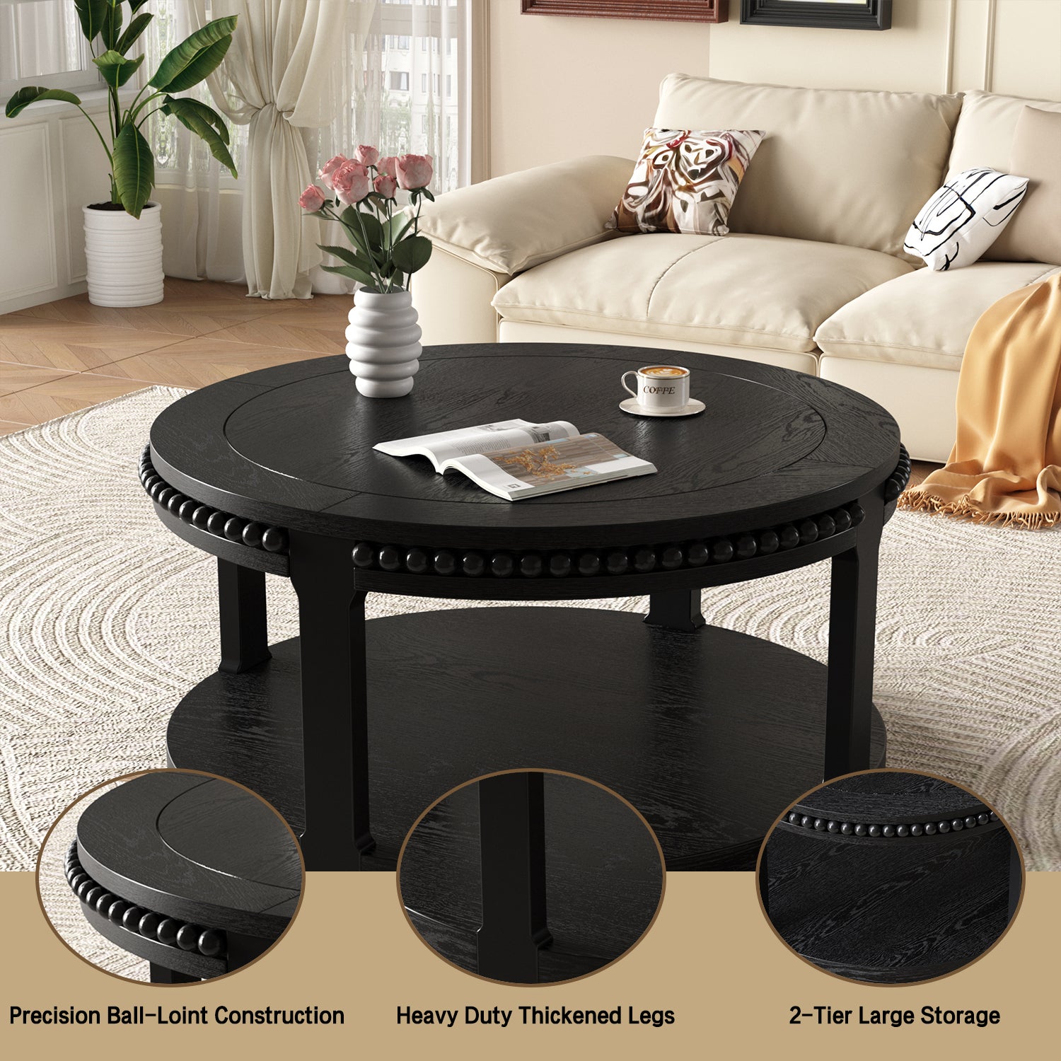 31.5 Inch Solid Wood Round Coffee Table for Living Room,2-Tier Rustic Wood Desktop with Storage Shelf Modern Design Home Furniture (Black)