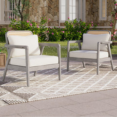 SET OF 2 Outdoor Acacia Wood Patio Club Chair, Patio Furniture,Waterproof Thick Cushion Deep Seating for Porch, Garden, Backyard, Balcony, Weight Capacity 400lbs, Light Gray finish, Cream cushion