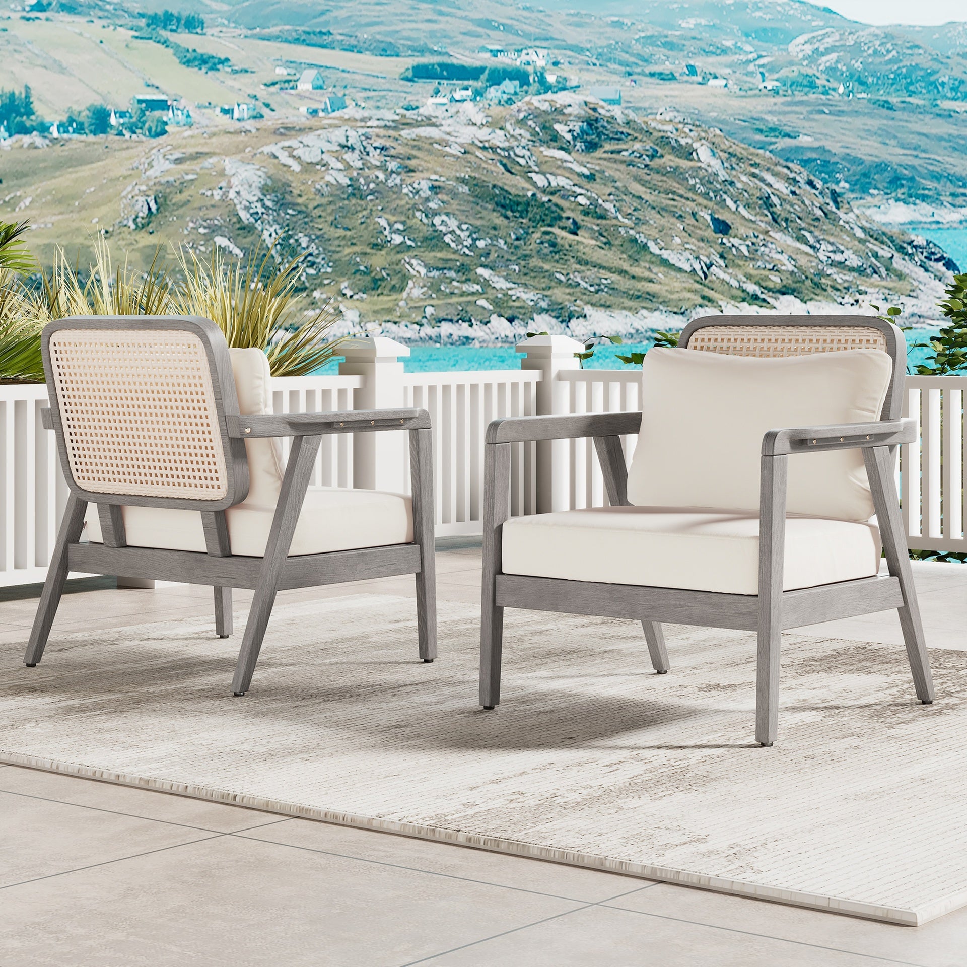 SET OF 2 Outdoor Acacia Wood Patio Club Chair, Patio Furniture,Waterproof Thick Cushion Deep Seating for Porch, Garden, Backyard, Balcony, Weight Capacity 400lbs, Light Gray finish, Cream cushion