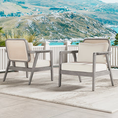 SET OF 2 Outdoor Acacia Wood Patio Club Chair, Patio Furniture,Waterproof Thick Cushion Deep Seating for Porch, Garden, Backyard, Balcony, Weight Capacity 400lbs, Light Gray finish, Cream cushion