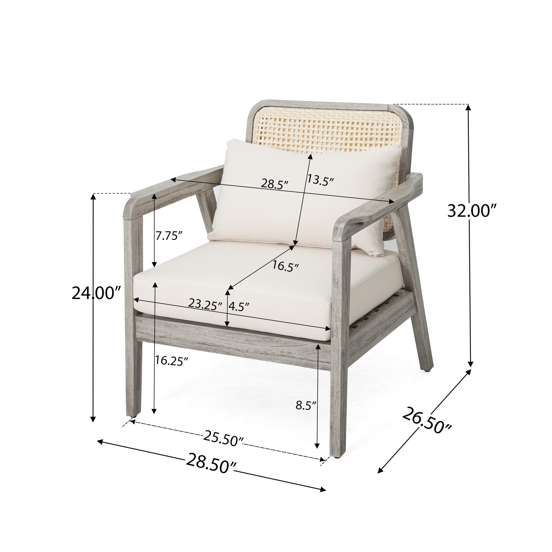 SET OF 2 Outdoor Acacia Wood Patio Club Chair, Patio Furniture,Waterproof Thick Cushion Deep Seating for Porch, Garden, Backyard, Balcony, Weight Capacity 400lbs, Light Gray finish, Cream cushion