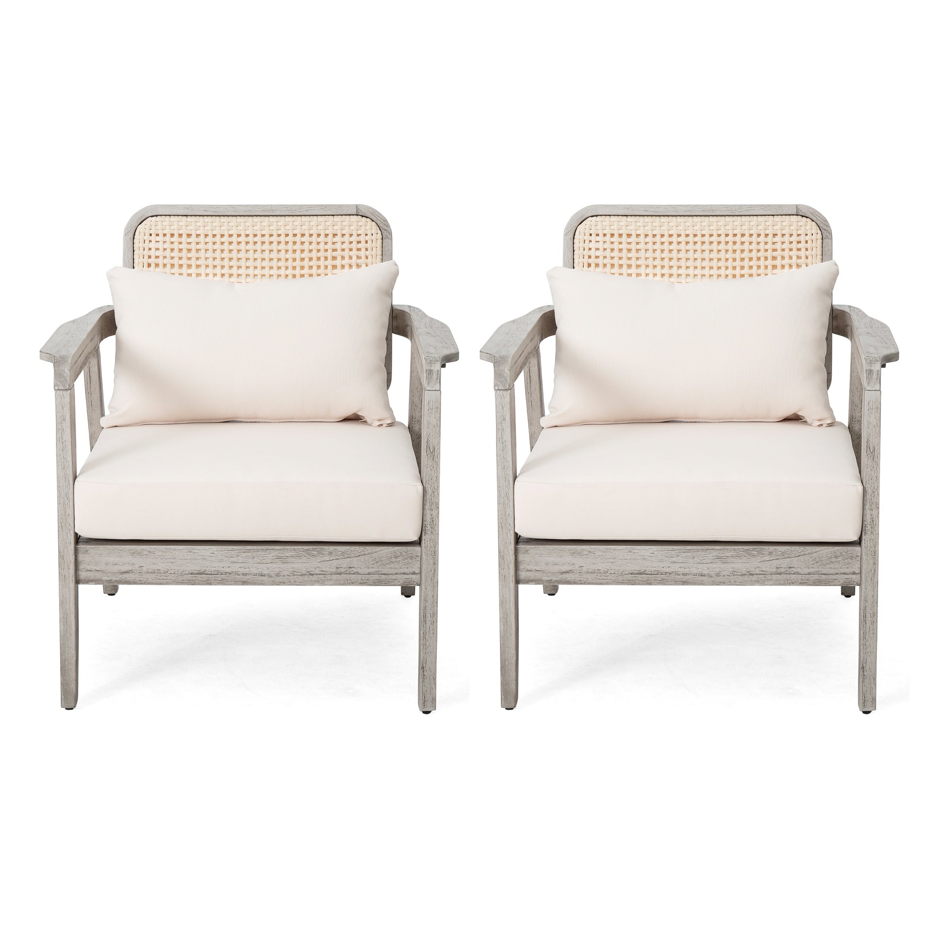 SET OF 2 Outdoor Acacia Wood Patio Club Chair, Patio Furniture,Waterproof Thick Cushion Deep Seating for Porch, Garden, Backyard, Balcony, Weight Capacity 400lbs, Light Gray finish, Cream cushion