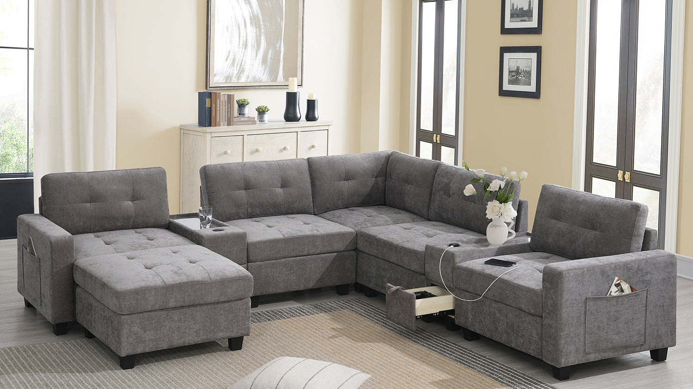 104'' Sectional Sofa with Acrylic Table Top,Chenille U Shaped Couch Set with 2 Consoles,USB Charger,Storage Drawers and Pockets,Movable Ottoman,Tufted Sofa for Living Room,Apartment,2 Colors