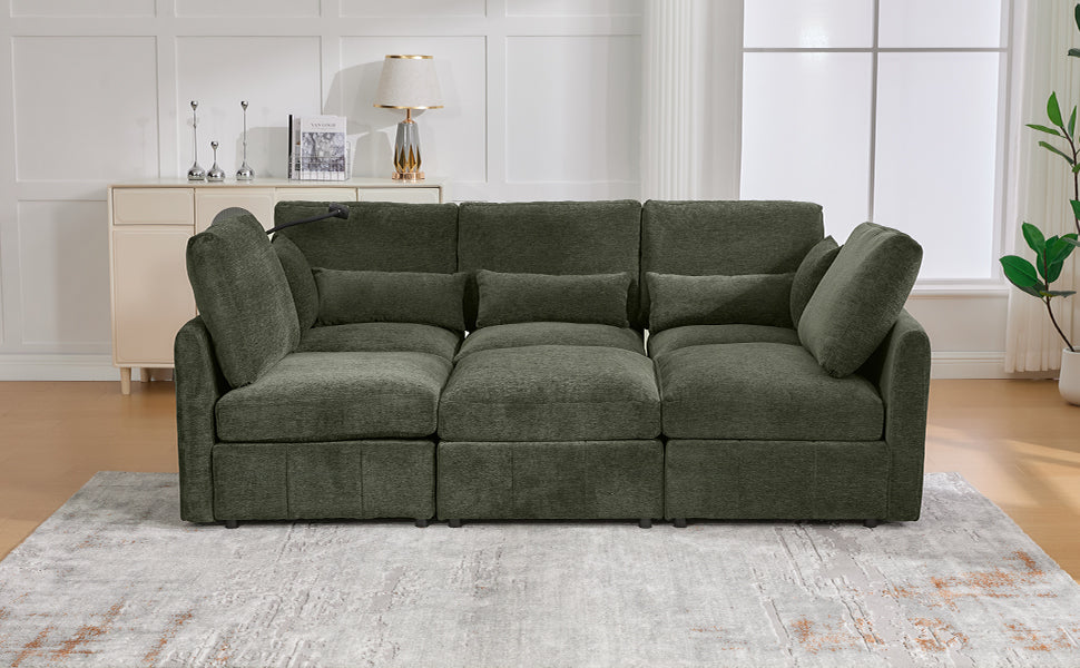 Modern Sectional Sofa Modular Sofa 85.4" U-shaped Sofa Couch Sofa Bed L-shaped Sofa with a Movable Ottoman and Two USB Ports and a Phone Holder for Living Room, Green