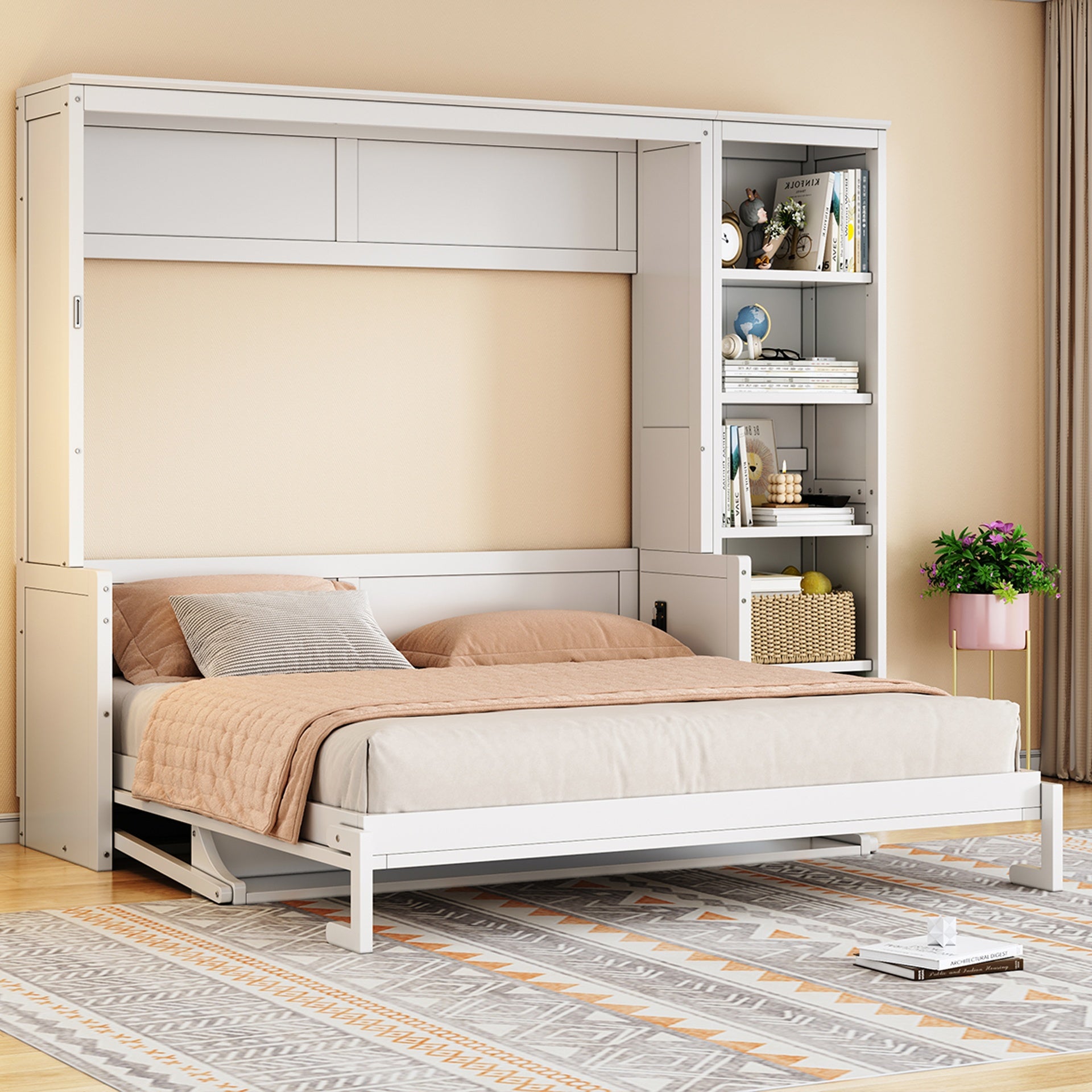 Queen Size Murphy Bed with Desk and Bookshelf, White