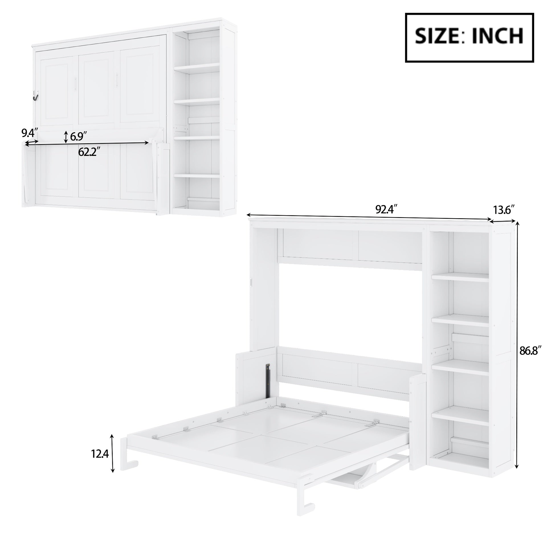 Queen Size Murphy Bed with Desk and Bookshelf, White