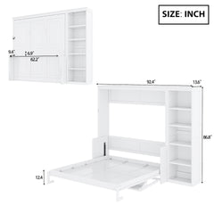 Queen Size Murphy Bed with Desk and Bookshelf, White