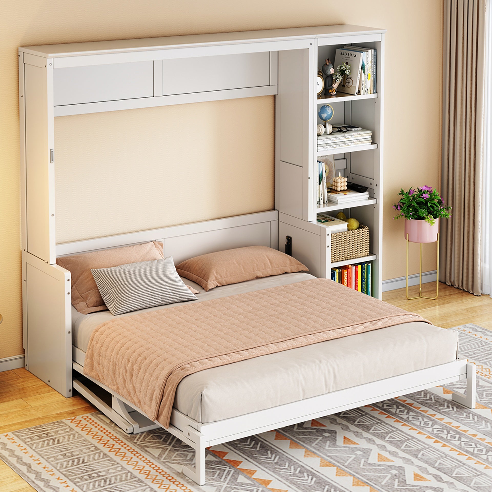 Queen Size Murphy Bed with Desk and Bookshelf, White