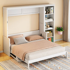 Queen Size Murphy Bed with Desk and Bookshelf, White