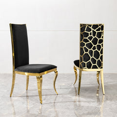 Dining chair black cushion velvet with unique design backrest set of 2, mirror gold stainless steel legs chair for dining room