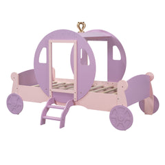 Twin size Princess Carriage Bed with Crown,Wood Platform Car Bed with Stair,Purple+Pink(old sku HL000054AAH)