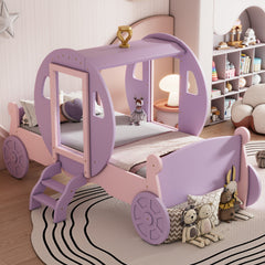 Twin size Princess Carriage Bed with Crown,Wood Platform Car Bed with Stair,Purple+Pink(old sku HL000054AAH)