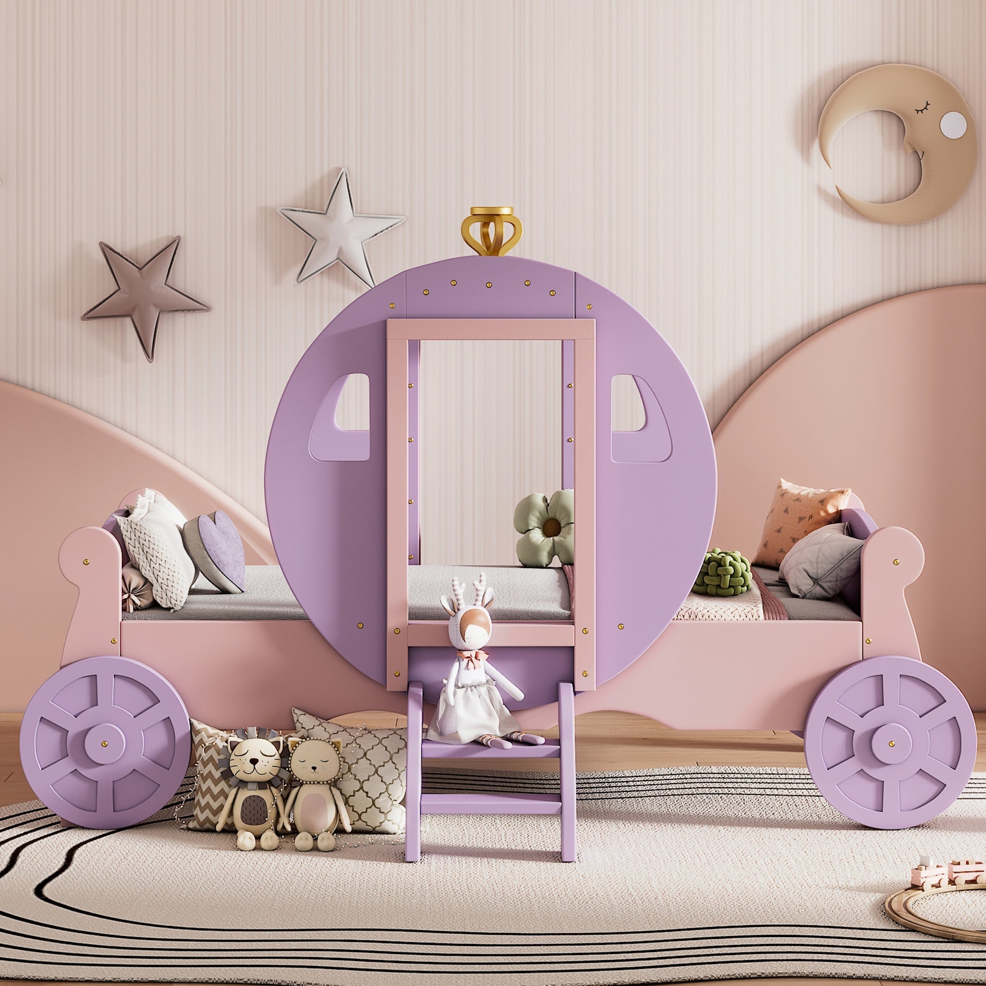 Twin size Princess Carriage Bed with Crown,Wood Platform Car Bed with Stair,Purple+Pink(old sku HL000054AAH)