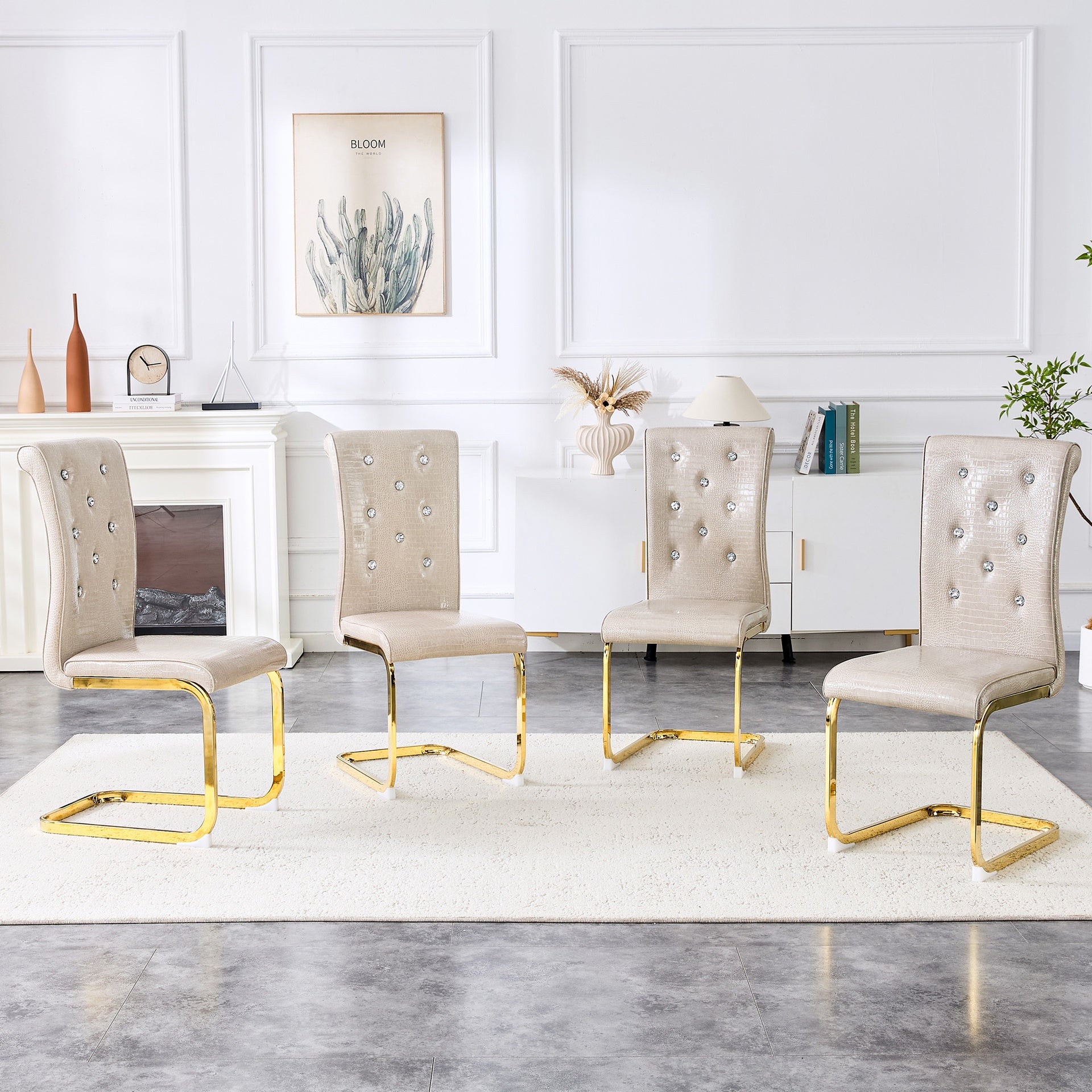 Set of 4,Retro alligator skin Upholstered dining chairs,with Crystal buckle design and Faux Leather design,a touch of elegance and mystery to the dining area,Gold plated metal bow leg