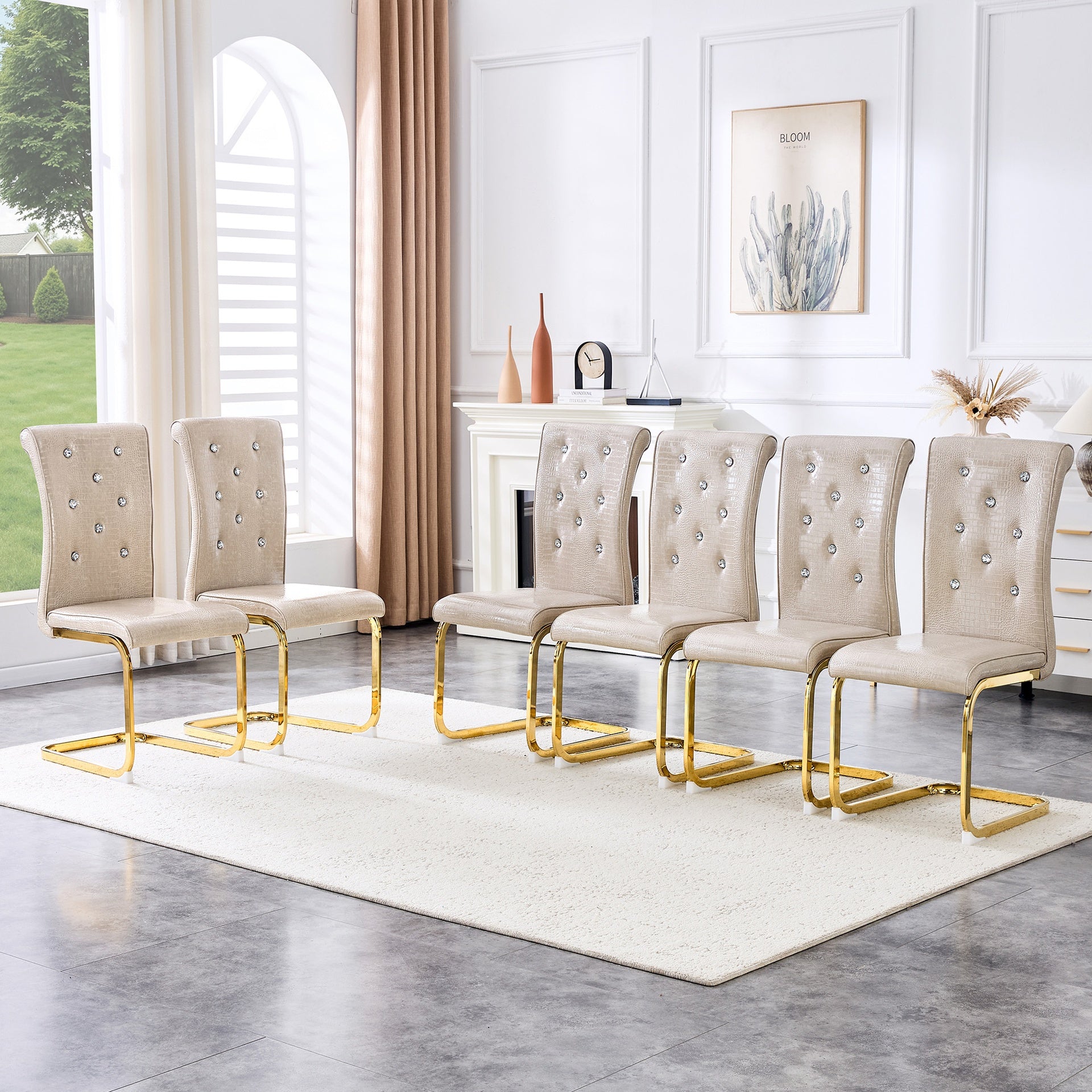 Set of 4,Retro alligator skin Upholstered dining chairs,with Crystal buckle design and Faux Leather design,a touch of elegance and mystery to the dining area,Gold plated metal bow leg