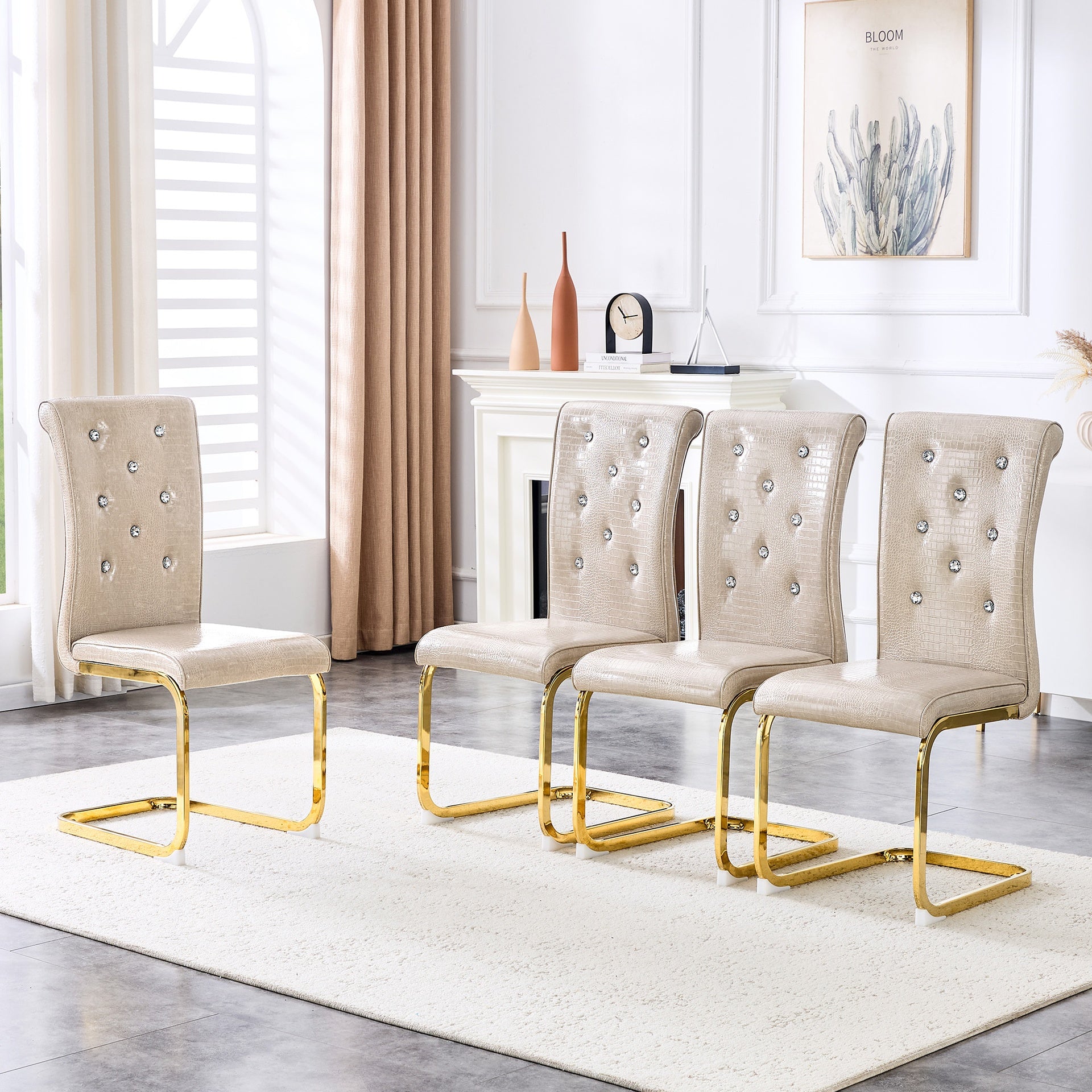 Set of 4,Retro alligator skin Upholstered dining chairs,with Crystal buckle design and Faux Leather design,a touch of elegance and mystery to the dining area,Gold plated metal bow leg
