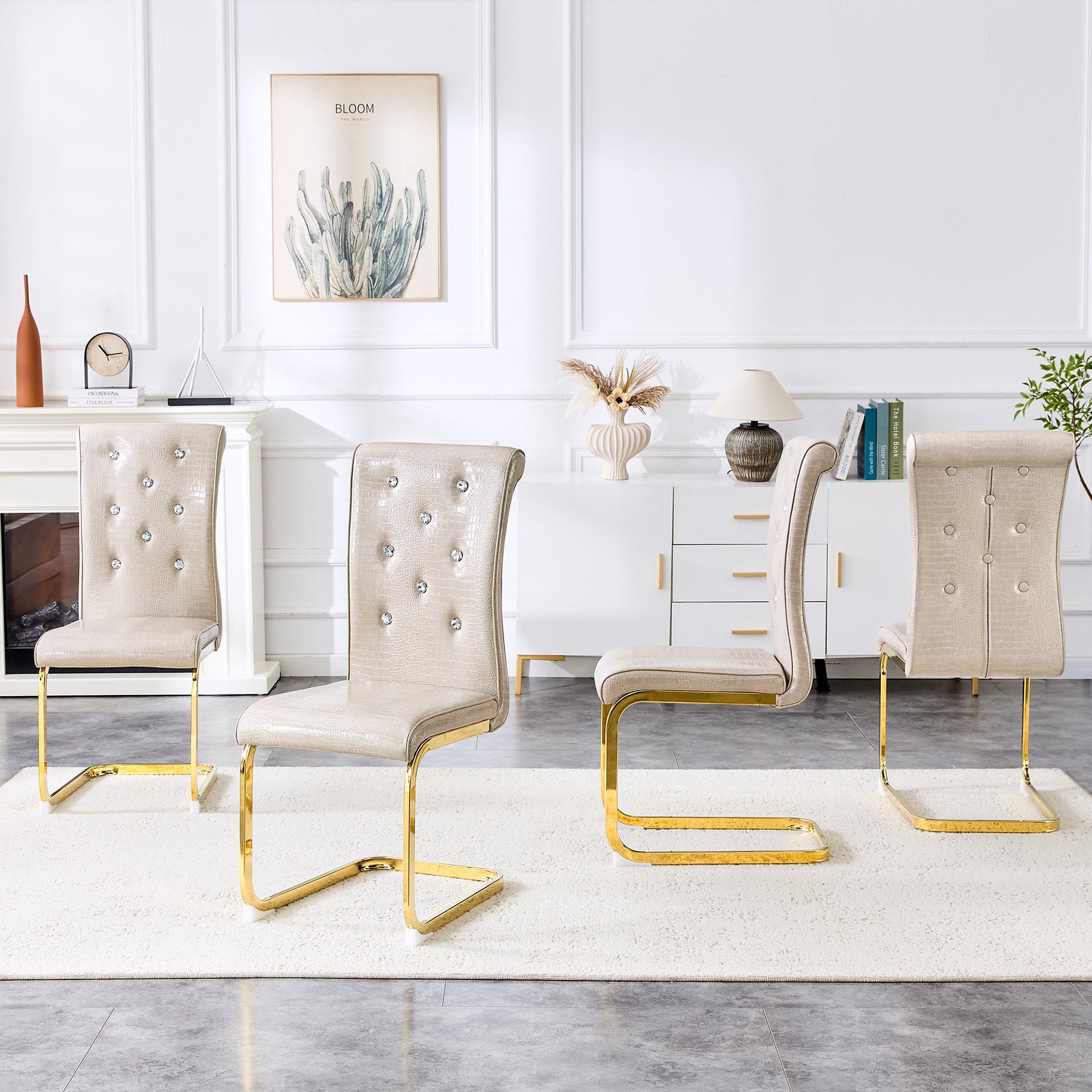Set of 4,Retro alligator skin Upholstered dining chairs,with Crystal buckle design and Faux Leather design,a touch of elegance and mystery to the dining area,Gold plated metal bow leg