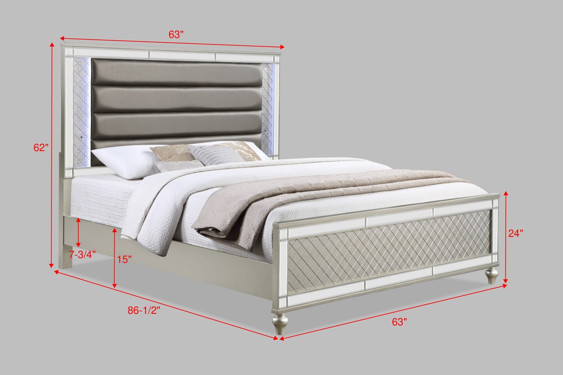 Modern Glam Style Champagne Finish Queen Size Panel Bed White & Blue LED Light Mirror Accents Faux Leather Upholstery Solid Wood Wooden Bedroom Furniture
