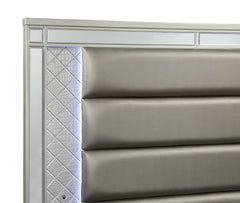 Modern Glam Style Champagne Finish Queen Size Panel Bed White & Blue LED Light Mirror Accents Faux Leather Upholstery Solid Wood Wooden Bedroom Furniture