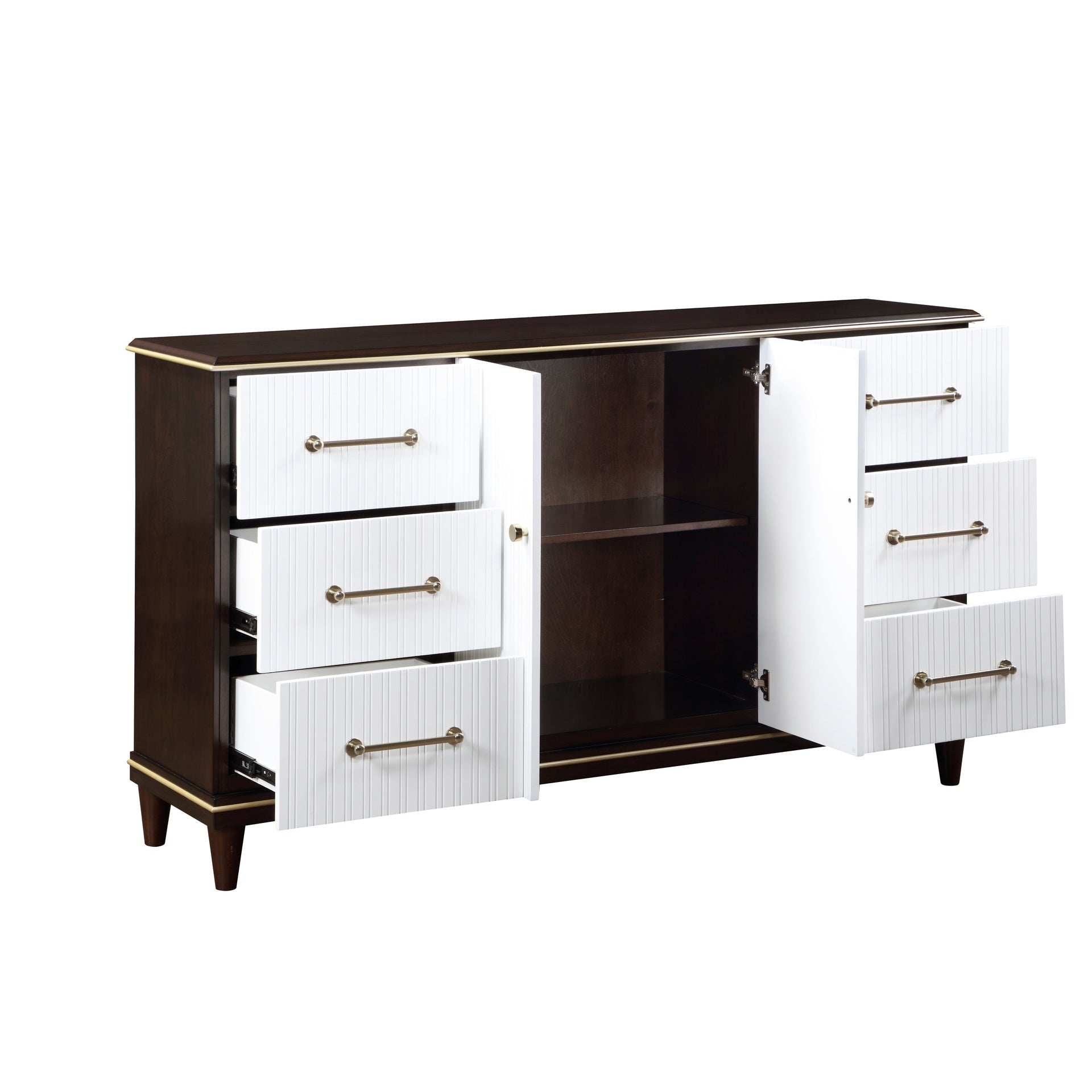Contemporary White and Cherry Finish 1pc Dresser of 6x Drawers 2x Shelves Modern Bedroom Furniture 2-Tone Finish with Gold Trim