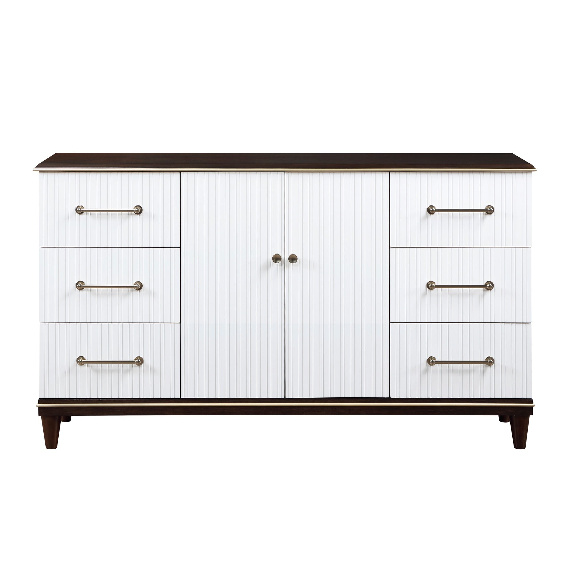 Contemporary White and Cherry Finish 1pc Dresser of 6x Drawers 2x Shelves Modern Bedroom Furniture 2-Tone Finish with Gold Trim