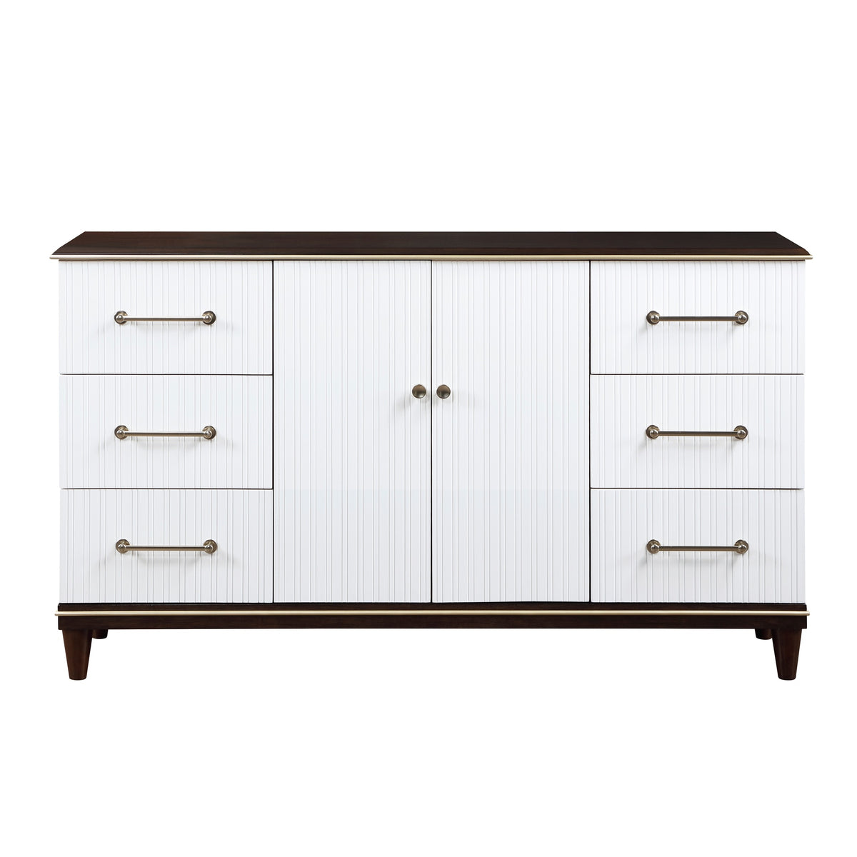 Contemporary White and Cherry Finish 1pc Dresser of 6x Drawers 2x Shelves Modern Bedroom Furniture 2-Tone Finish with Gold Trim