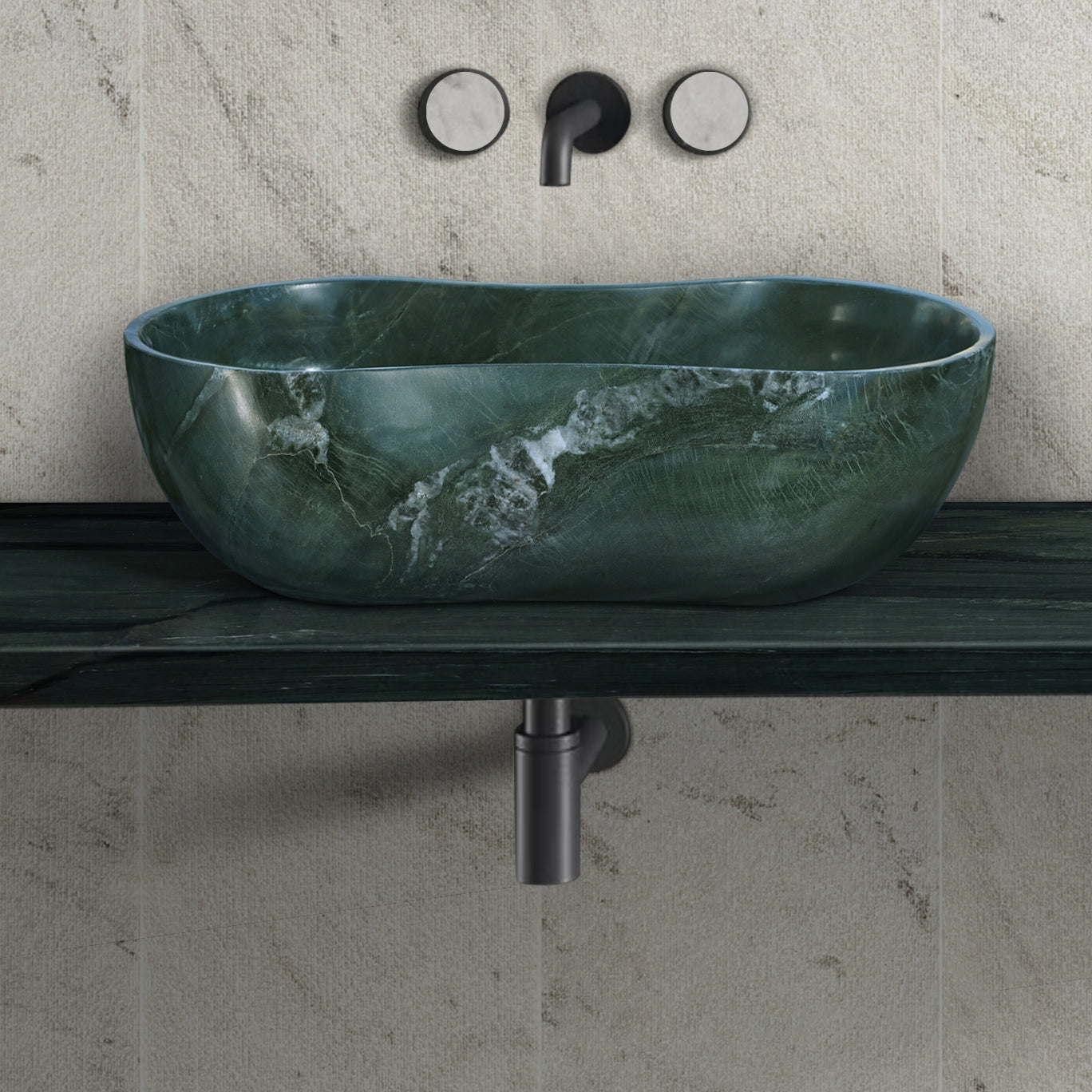 Green natural marble bathroom vessel sink, polished surface, natural stone, genuine marble, real marble, 23.6x14.2xH7.1 inches/600x360xH180 mm