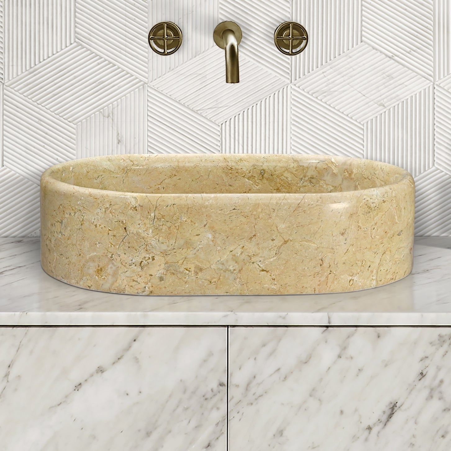 Gold Yellow Beige natural marble bathroom vessel sink, polished finished, natural stone, genuine marble, real marble, 23.6x15.7xH5.9 Inches/600X400XH150 mm