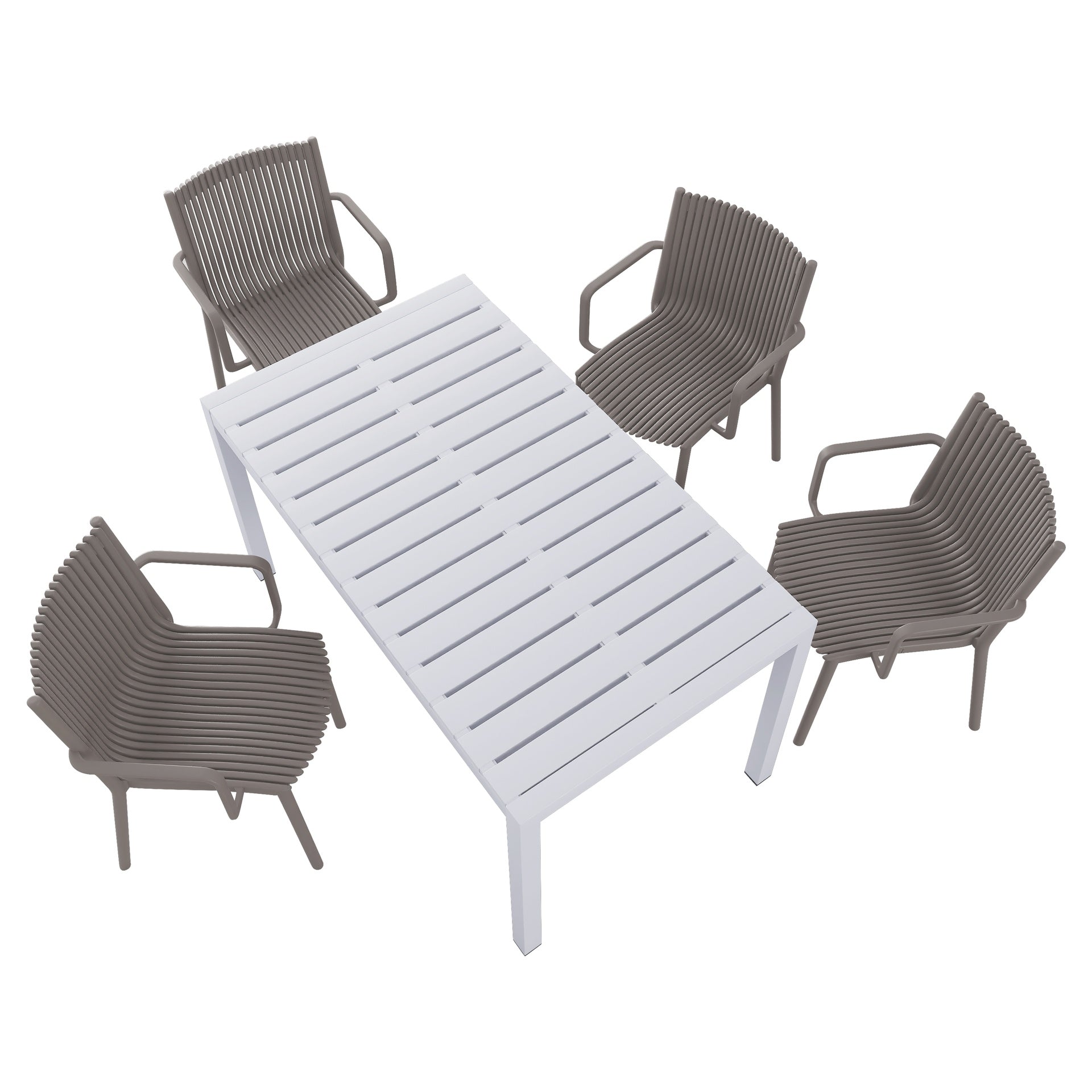 Holiday - 4pcs Warm Grey Stackable PP Armchair for Indoor/Outdoor Use – Ergonomic Slatted Back with 55 Inch White Modern Long Table - Indoor/Outdoor- Lightweight PP Tabletop with Metal