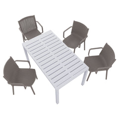 Holiday - 4pcs Warm Grey Stackable PP Armchair for Indoor/Outdoor Use – Ergonomic Slatted Back with 55 Inch White Modern Long Table - Indoor/Outdoor- Lightweight PP Tabletop with Metal