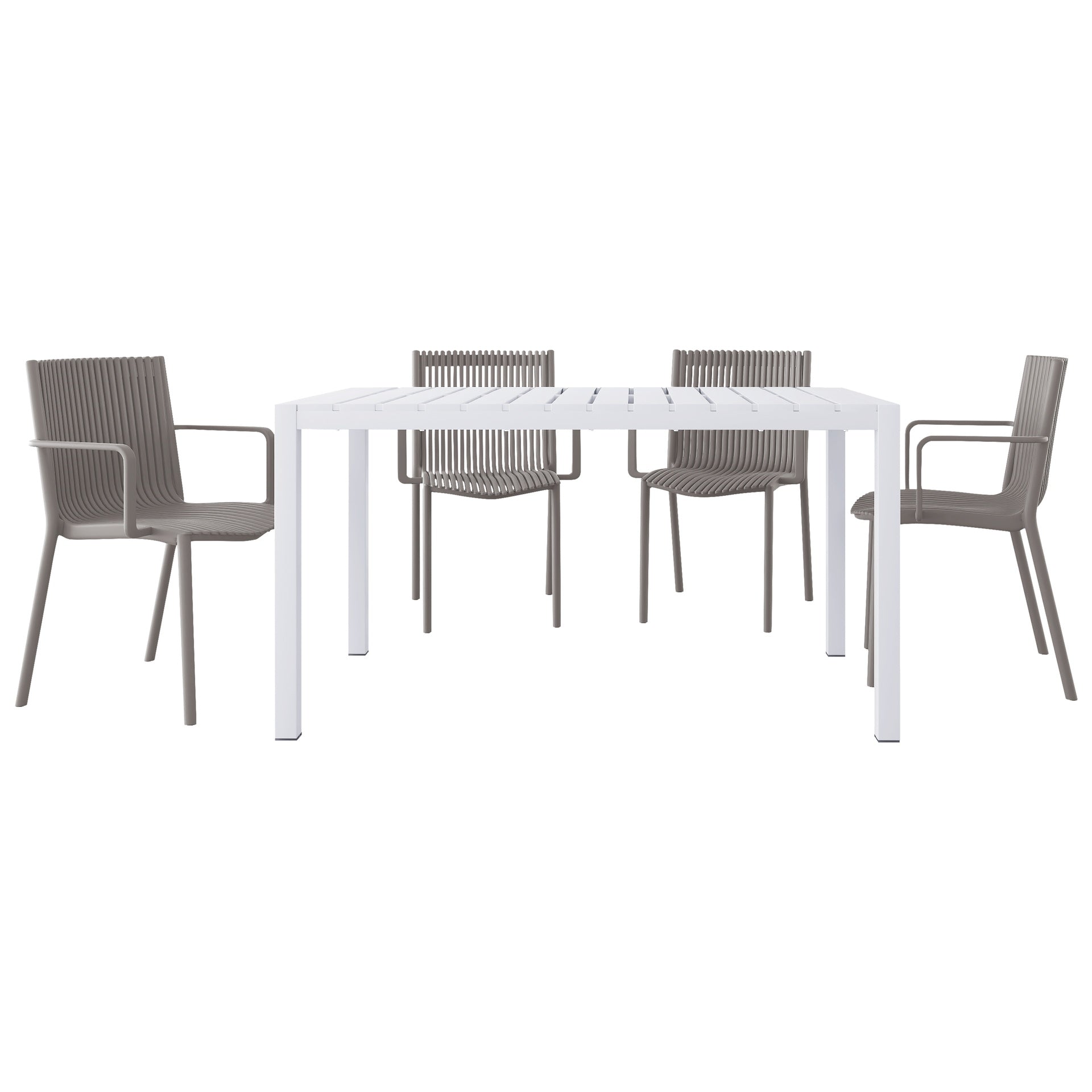 Holiday - 4pcs Warm Grey Stackable PP Armchair for Indoor/Outdoor Use – Ergonomic Slatted Back with 55 Inch White Modern Long Table - Indoor/Outdoor- Lightweight PP Tabletop with Metal