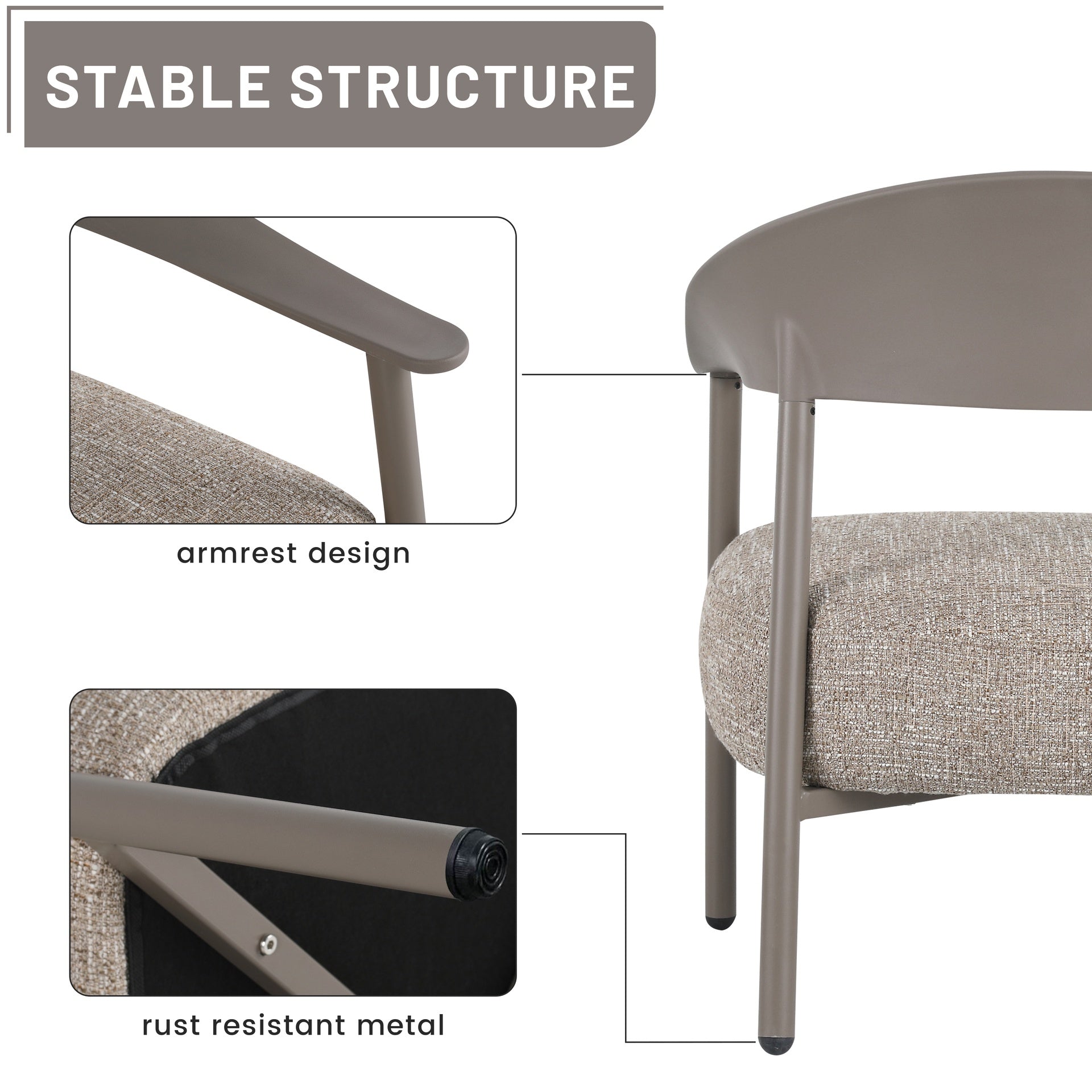 Holiday - Modern 2-Piece Accent Chair Set with Coffee Table – Warm Grey PP & Steel Frame Sofa Set, Soft Cushioned Seating for Living Room, Lounge, Balcony (2 Chairs + 1 Table)
