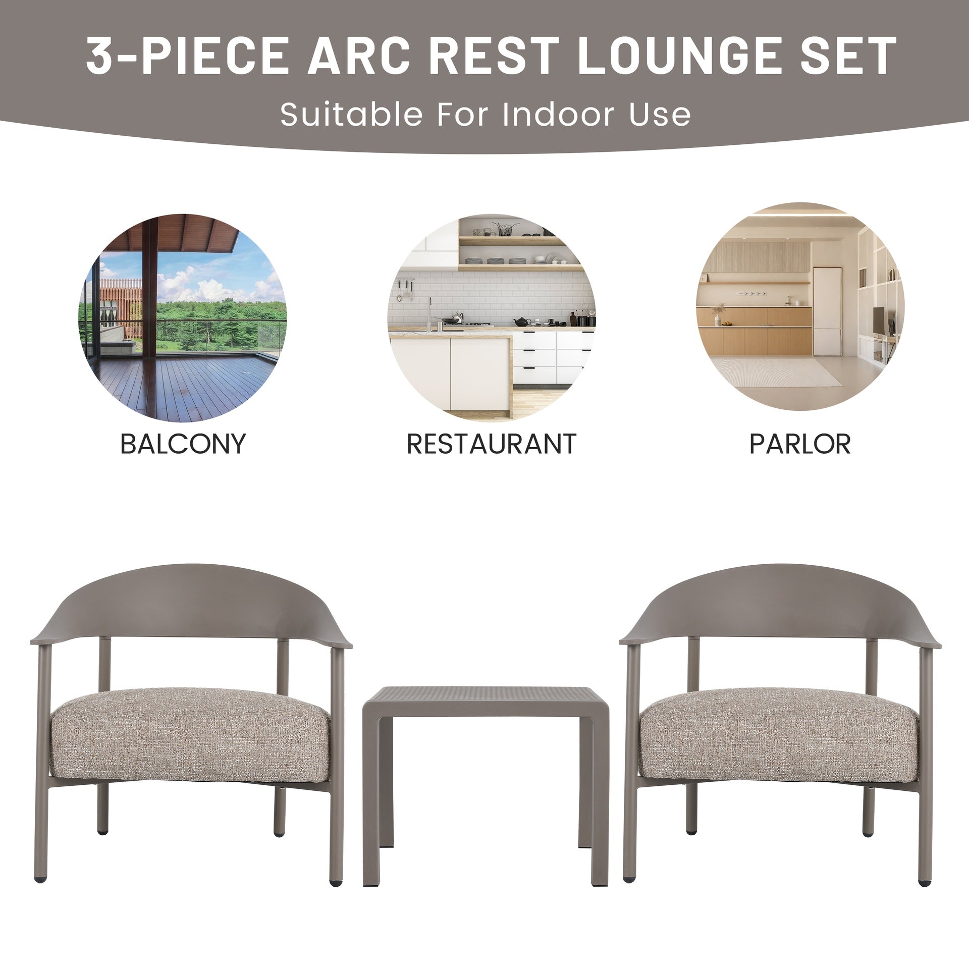 Holiday - Modern 2-Piece Accent Chair Set with Coffee Table – Warm Grey PP & Steel Frame Sofa Set, Soft Cushioned Seating for Living Room, Lounge, Balcony (2 Chairs + 1 Table)