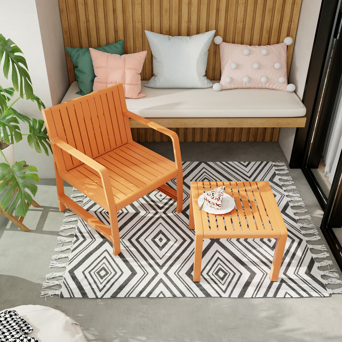 Holiday - 2-Piece Indoor/Outdoor Furniture set 1 Chairs & 1 Coffee Tables Waterproof PP Material- Easy Assembly Patio Conversation Set (Apricot Brown)