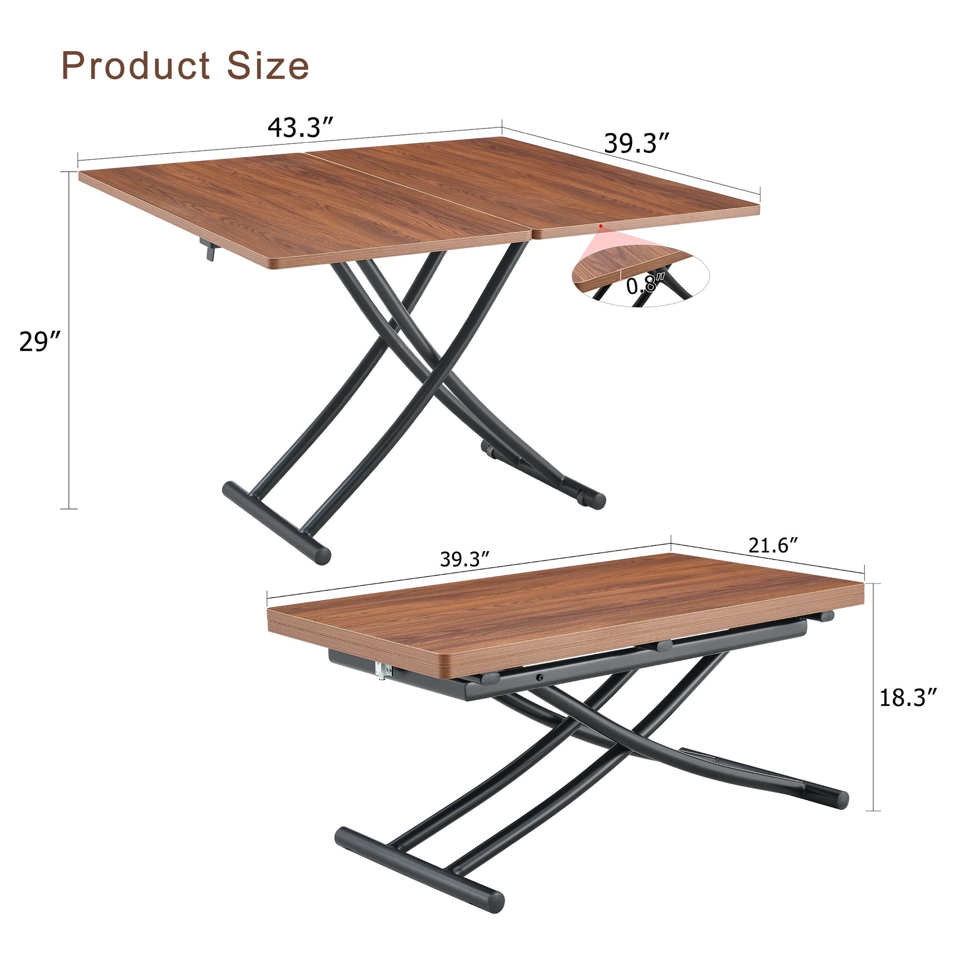 Modern minimalist multifunctional lift table with 0.8 inch thick MDF desktop and black metal legs, can be used as a dressing table, coffee table, dining table, and office table.Walnut textured desktop